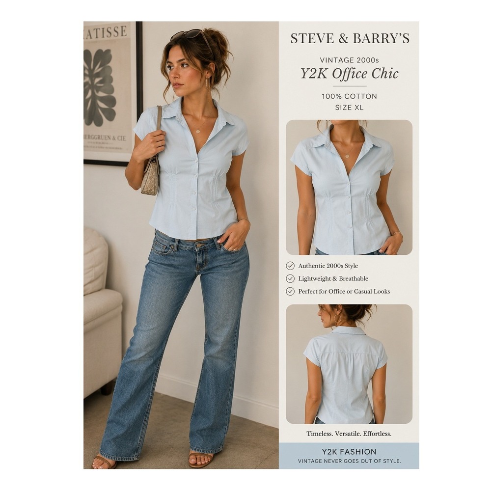 Vintage 2000s Steve & Barry's XL 100% Cotton Office Chic Blue Blouse Y2K